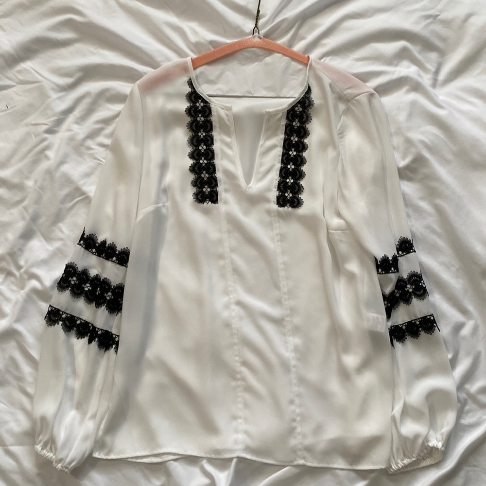 Shear white blouse with black lace accents